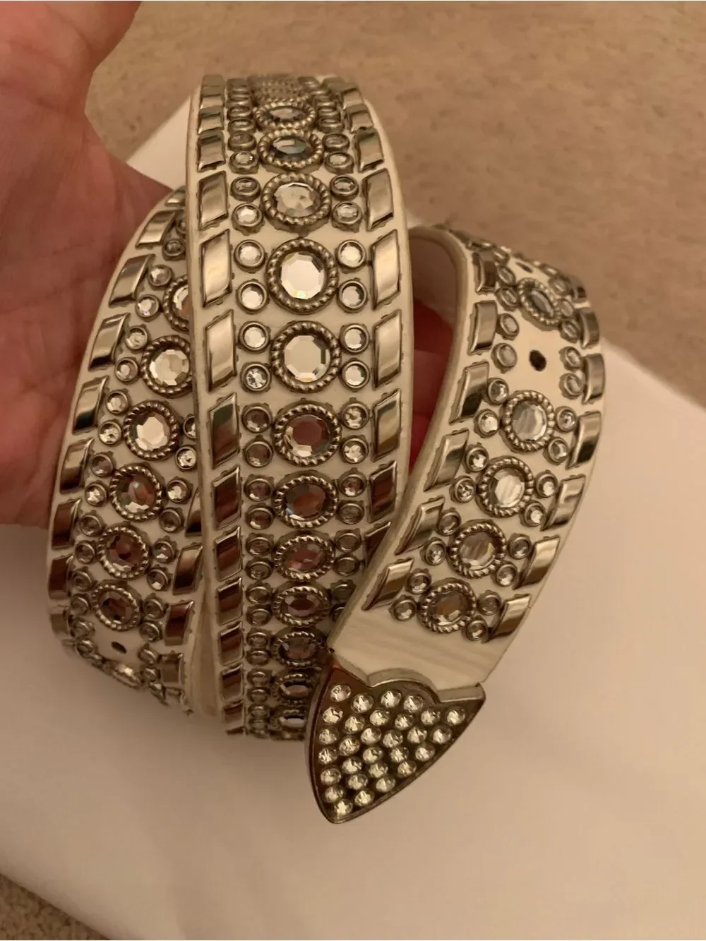 Vintage Studded Crystal Western Buckle Belt - White